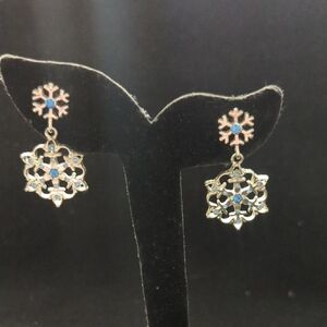 Silver Tone Blue Rhinestone Snowflake Dangle Drop Statement Earrings